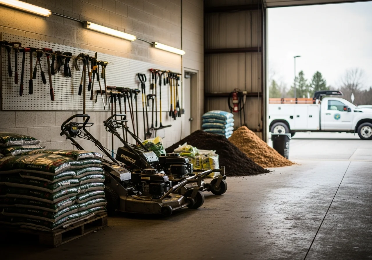 Landscaping crew with equipment and tools ready for residential yard work and property maintenance.