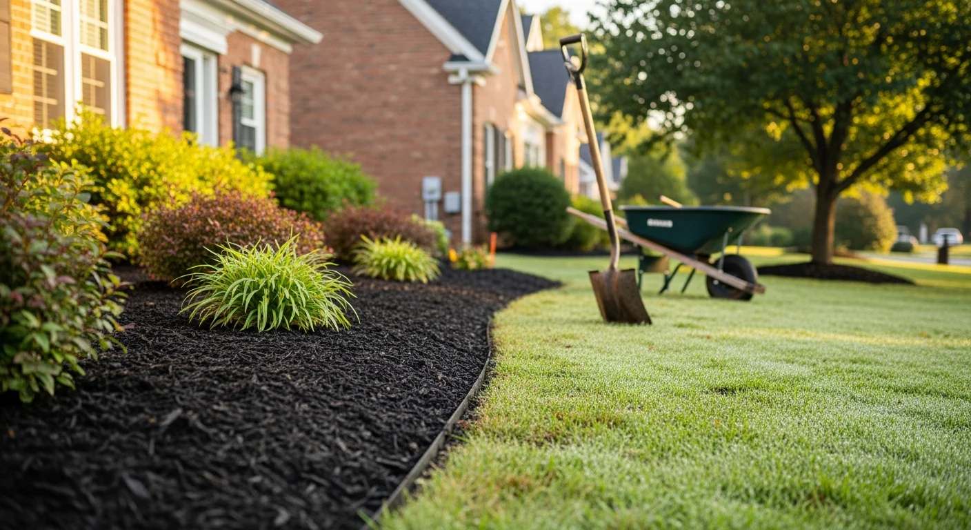 Professional landscaping installation with mulch and planted beds
