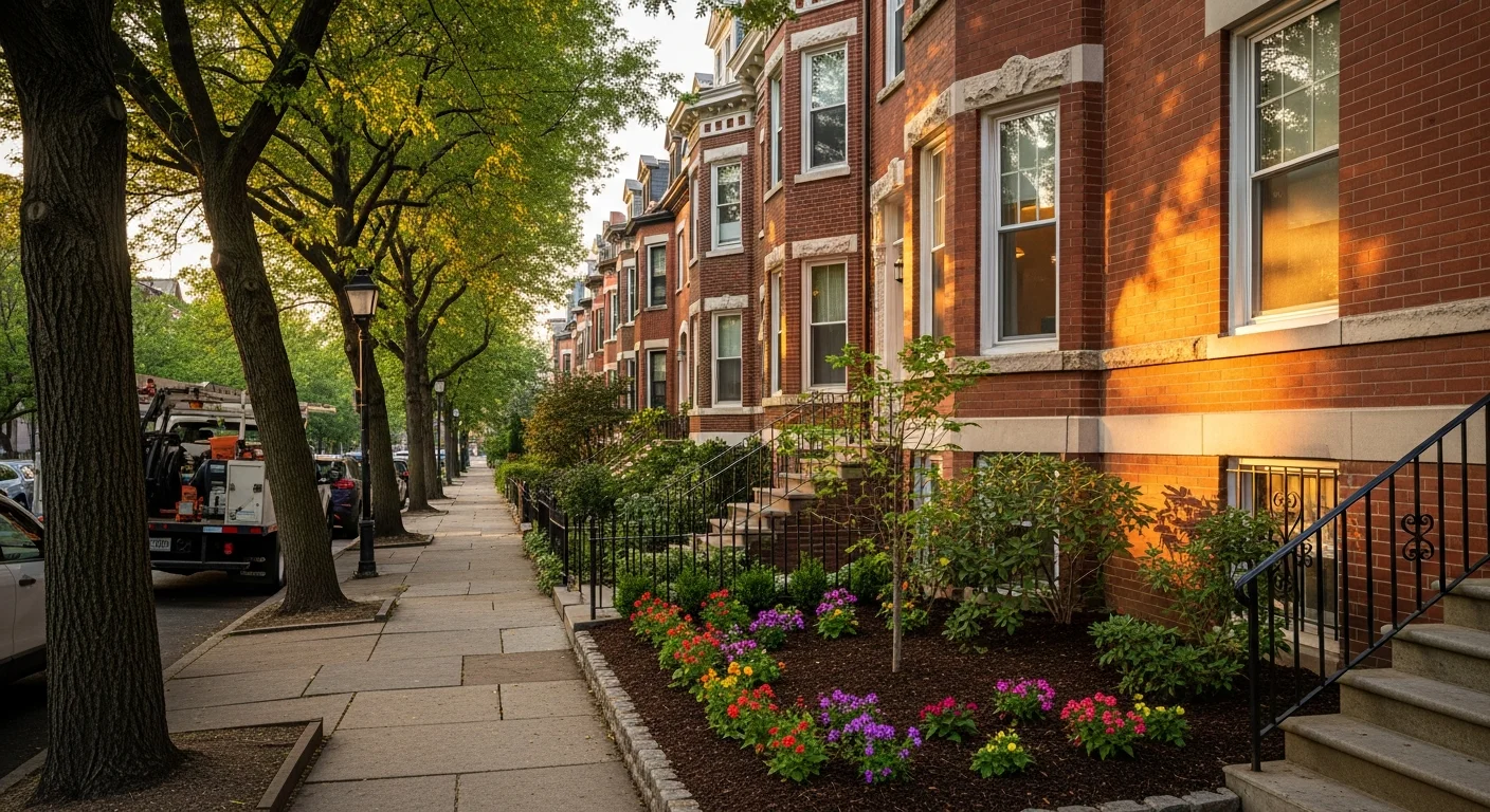 Historic DC row houses with brick facades and white trim along a tree-lined street in Capitol Hill.