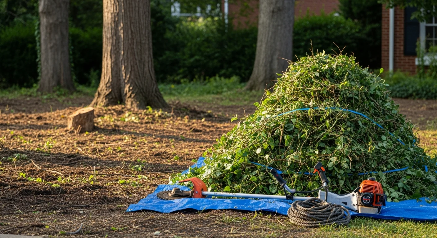 A cleared residential lot in Washington DC with cut brush and woody debris removed, showing open ground along a fence line after professional brush removal service by Brown Landscaping Inc.