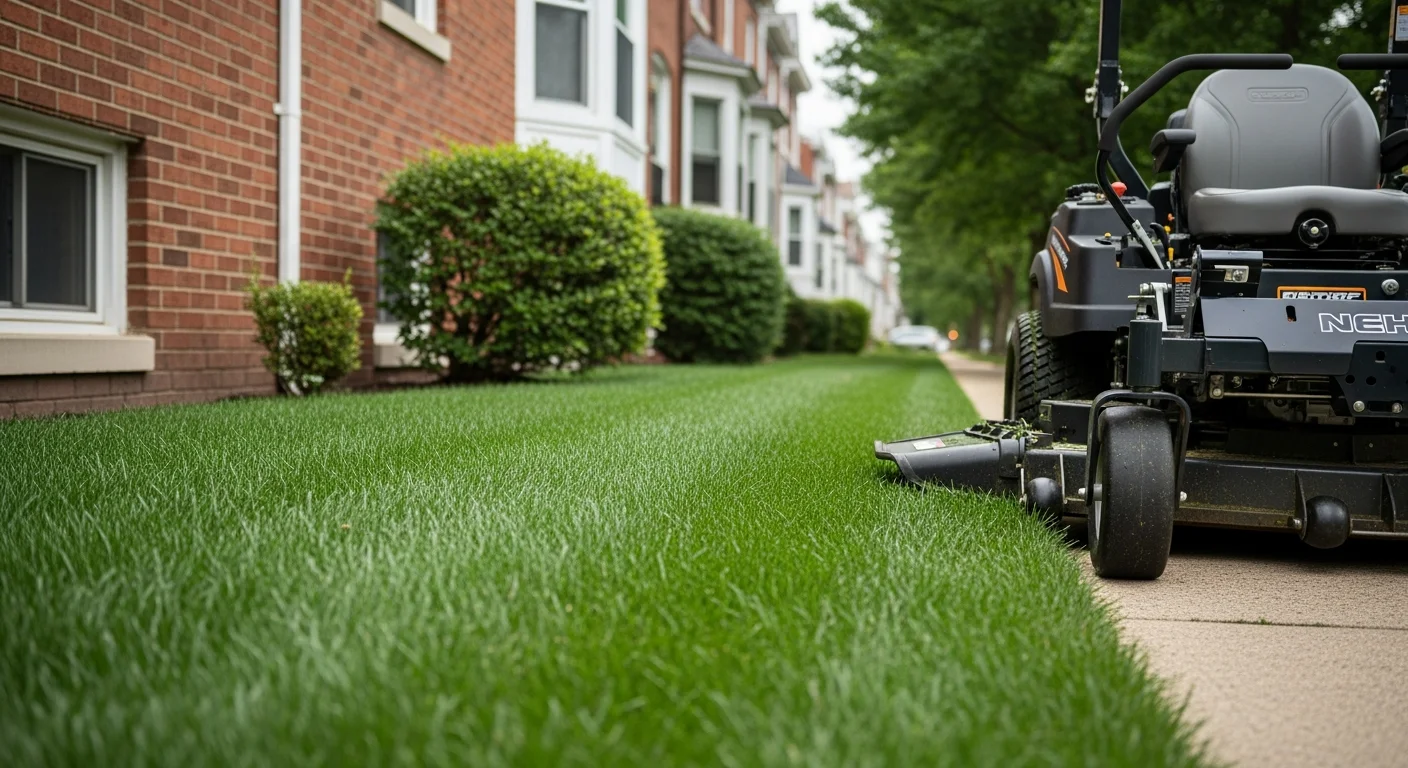 A neatly cut residential lawn in Washington, DC with clean mowing lines and edged borders along a concrete walkway. Brown Landscaping Inc grass cutting service leaves the turf at an even height with no clippings left on the surface.