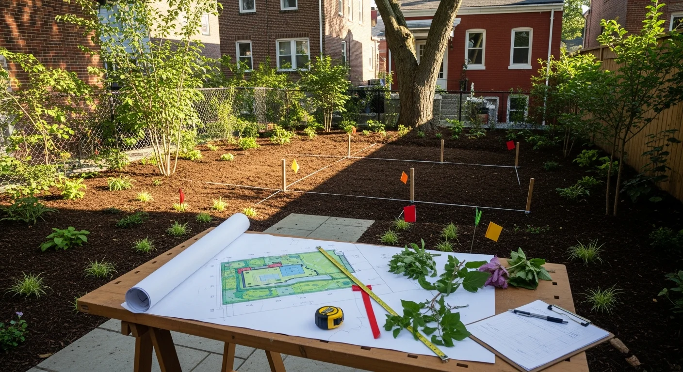 A Washington DC residential yard after a landscape design consultation, showing a planted front garden with defined beds and a clear walkway leading to a rowhouse entrance. The layout reflects a plan suited to the property's scale and the city's four-season climate.