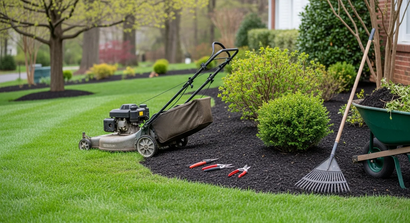 A neatly edged residential lawn with trimmed shrubs and freshly mulched garden beds at a Washington, DC row home. A Brown Landscaping Inc crew member uses a commercial mower on the turf in the background.