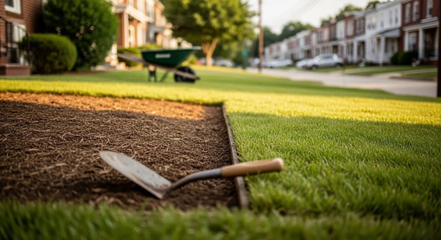 A Washington, DC residential lawn with freshly cut edges along a concrete sidewalk and mulch flower bed, showing a sharp, clean border between turf and adjacent surfaces. Brown Landscaping Inc crew member using a professional edging tool along the property's front border.