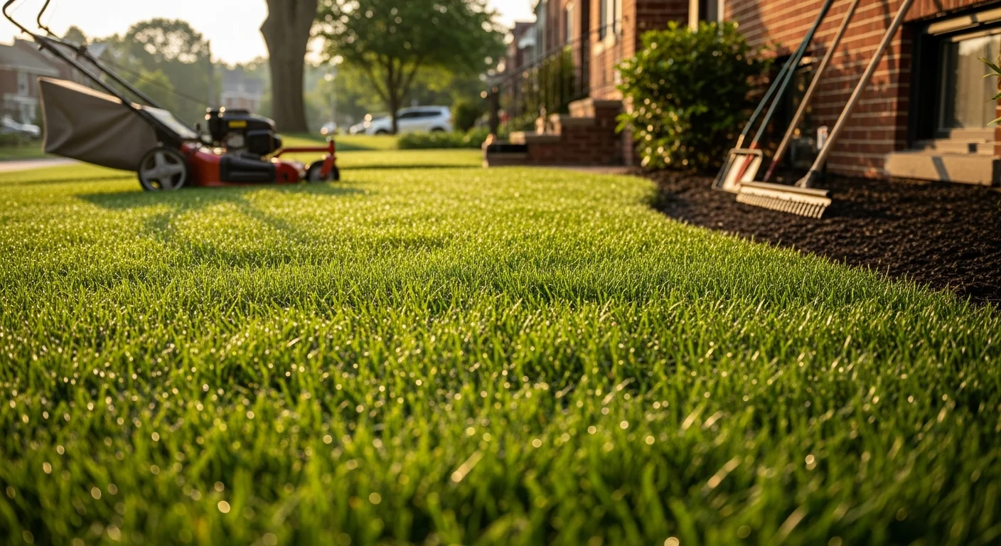 A neatly mowed and edged residential lawn in Washington DC with clean border lines along a sidewalk. Brown Landscaping Inc crew equipment is visible in the background on a clear day.