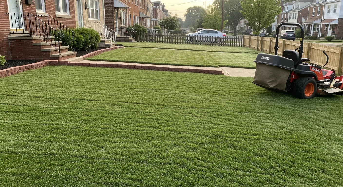 A neatly mowed residential front lawn in Washington, DC with clean mowing lines and trimmed edges along a concrete walkway. The grass is cut to an even height with a clearly defined border separating the turf from a mulched bed.