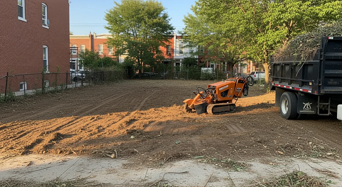 A cleared residential lot in Washington, DC with trees, stumps, and brush fully removed, leaving bare level ground ready for construction. A land clearing crew and equipment are visible on the site with neighboring urban properties in the background.