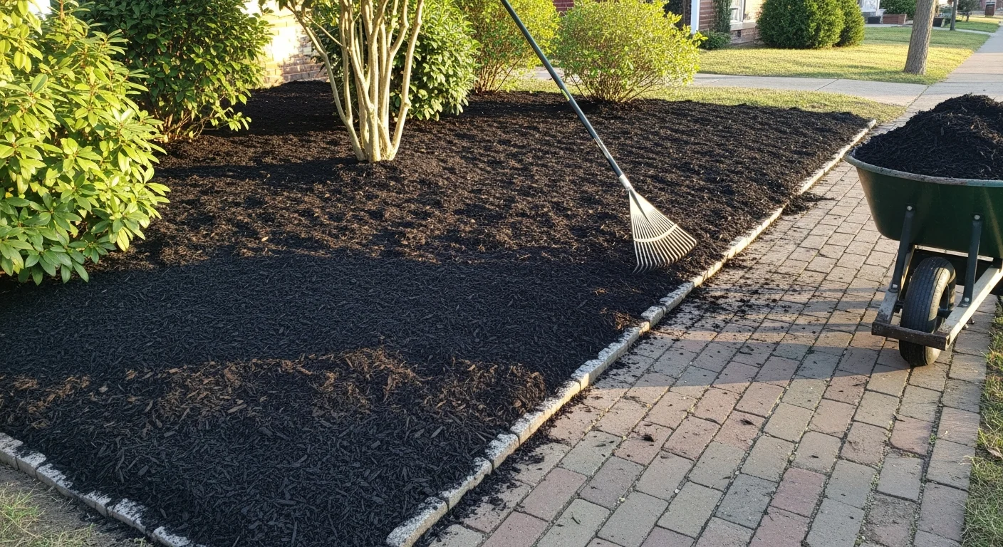 Freshly installed dark mulch spread evenly across a residential planting bed in Washington, DC, with clean-cut edges along a walkway and green shrubs visible in the background. A Brown Landscaping Inc crew member rakes mulch to an even depth around established plants in a DC row house front yard.