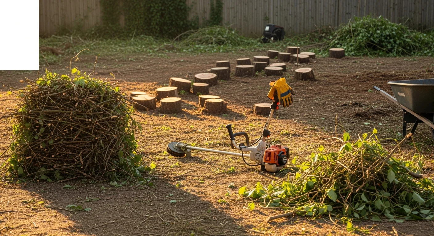 A Washington, DC residential lot after overgrown property cleanup by Brown Landscaping Inc, showing cleared ground, removed brush, and a clean fence line. Dense vines and weeds have been cut back and hauled away, leaving the parcel open and accessible.