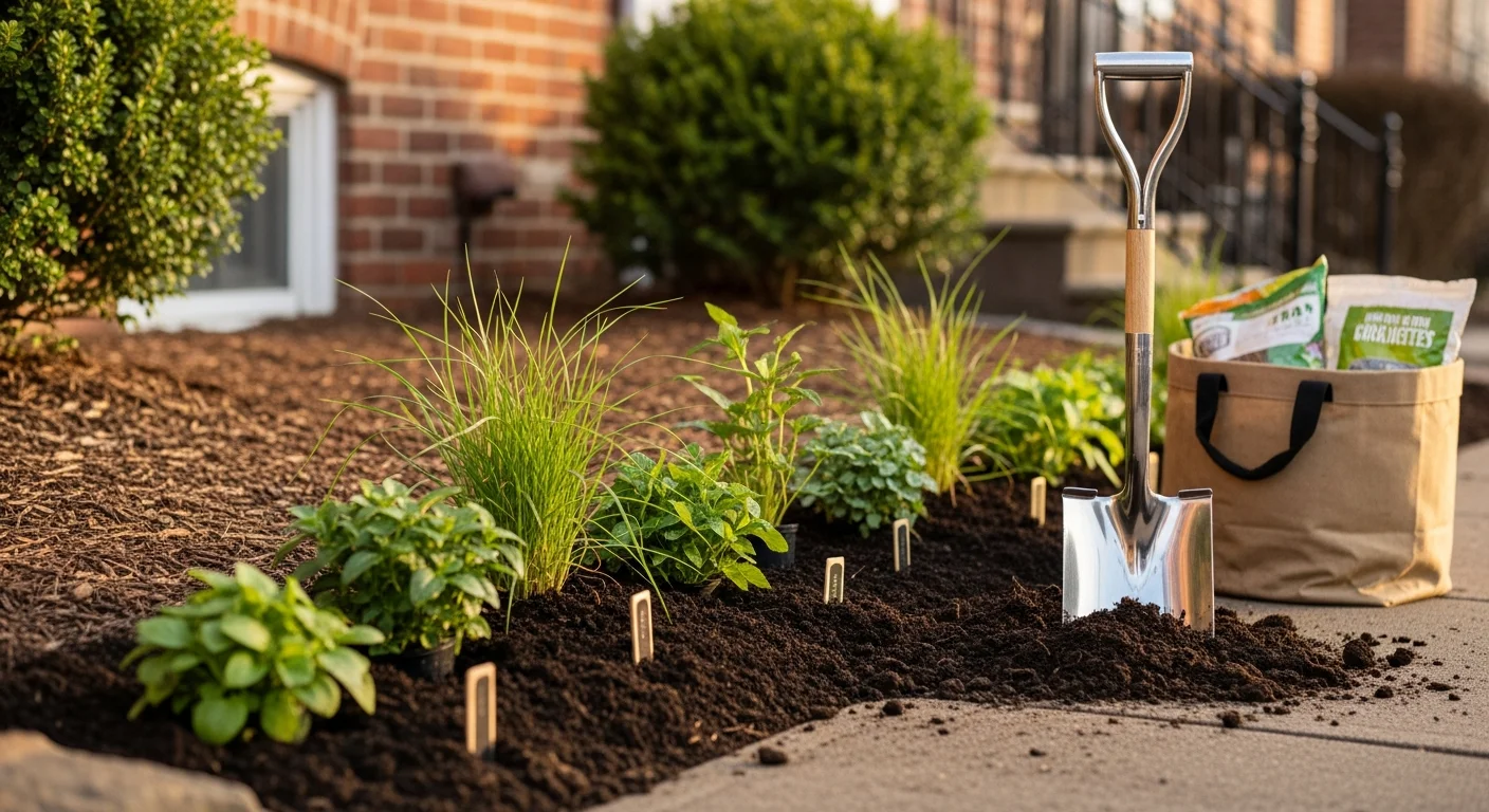 A Washington, DC residential property with freshly installed shrubs, perennials, and mulched planting beds along the front yard. A Brown Landscaping Inc crew completes the planting layout on a rowhouse lot.