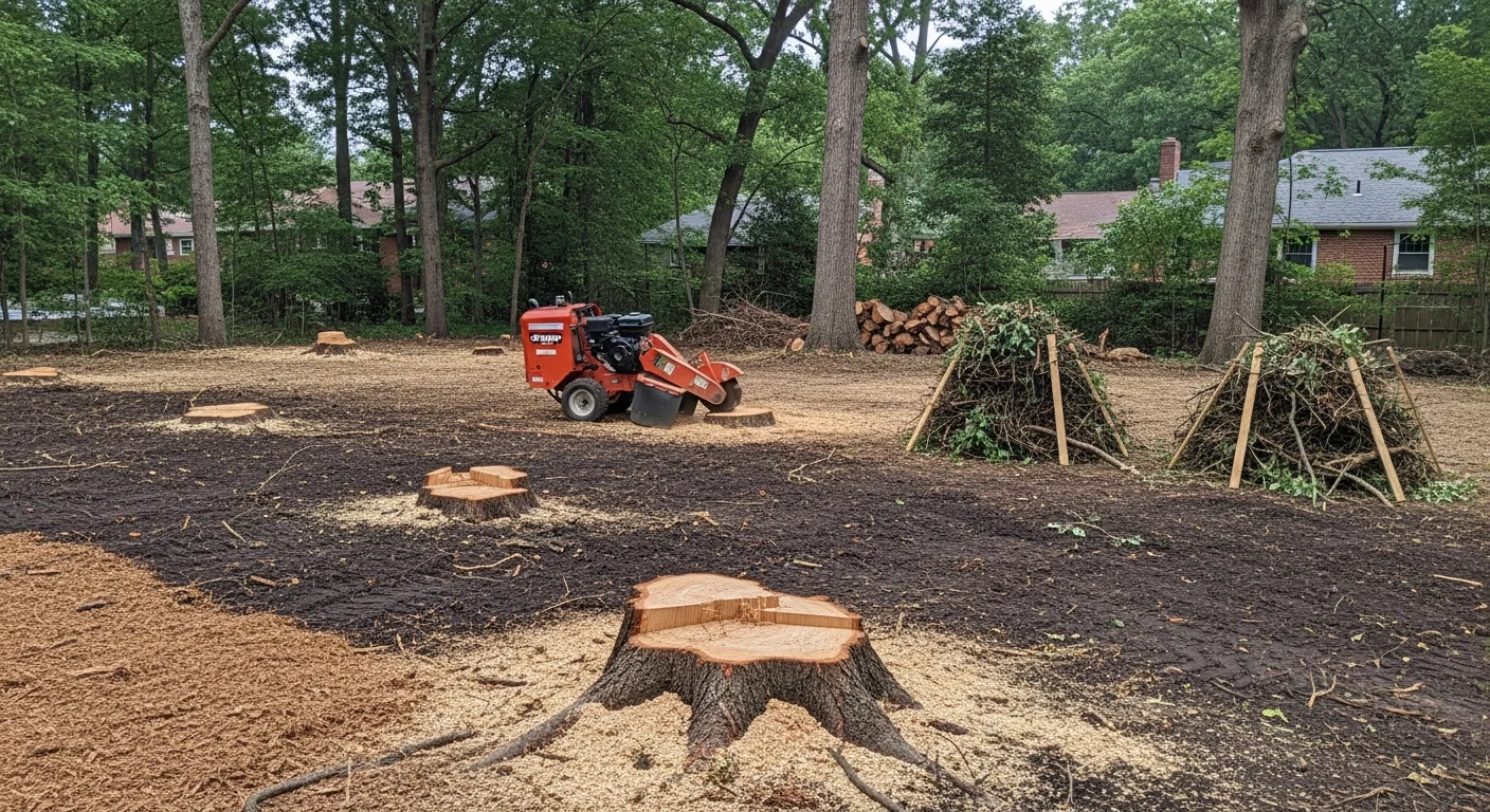 A Washington DC residential backyard after land clearing, showing bare ground and open space where dense brush, overgrown saplings, and debris have been removed. Surrounding trees selected for preservation remain standing along the property line.