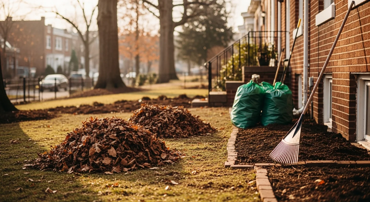 A Washington DC residential yard after a fall seasonal cleanup, with cleared garden beds, trimmed shrubs, and a leaf-free lawn visible from the front of the property. Bags of collected yard debris are staged near the curb for removal.