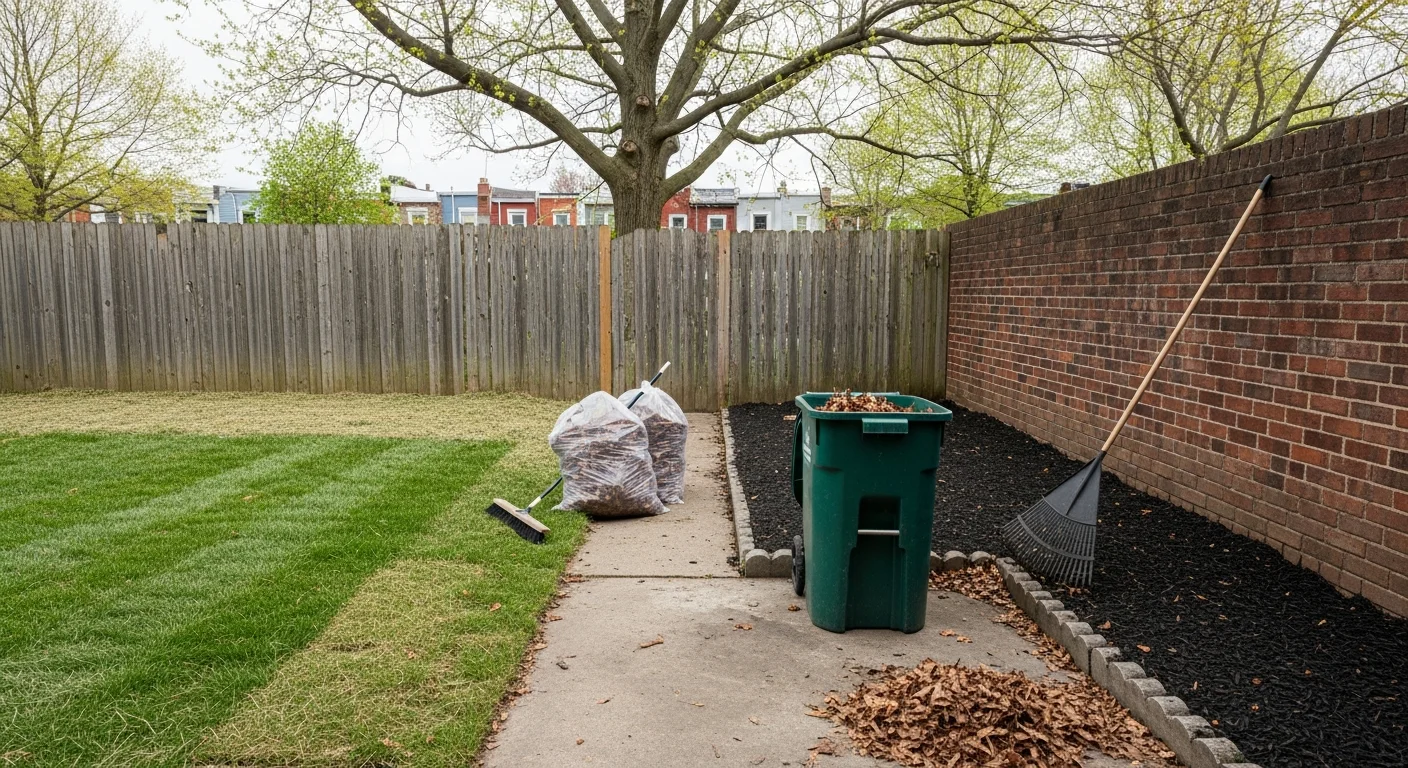 A Washington DC residential yard after seasonal lawn cleanup, showing cleared garden beds, raked turf, and neatly edged walkways with no leaf debris remaining. Brown Landscaping Inc crew equipment is visible at the edge of the property.