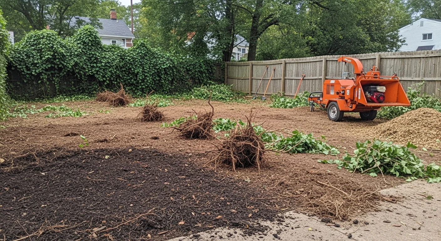 A Washington, DC residential lot after professional vegetation removal by Brown Landscaping Inc, showing cleared ground with invasive vines and overgrown shrubs fully removed. The property edge is clean and open, with surrounding trees and fencing undamaged.